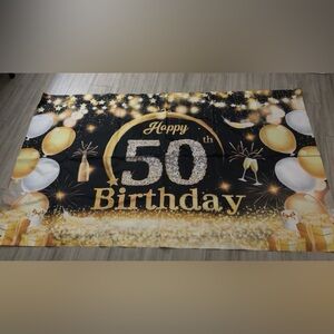 Happy 50th Birthday Party Backdrop - Gold and Black